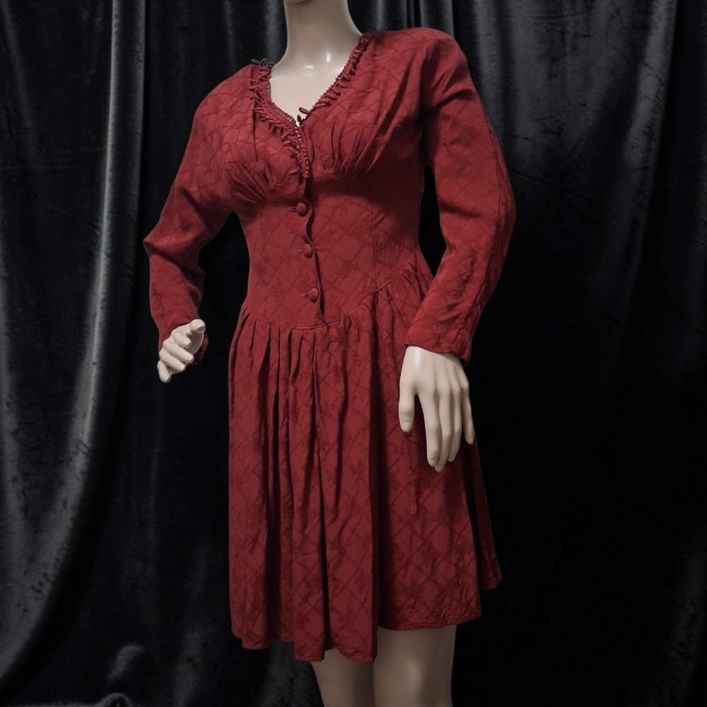 Vintage 90s Carole Little Red Jacquard Bodice Waist Dress Whimsigoth Grunge XS 2